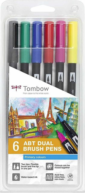 Tombow ABT Dual Brush Pen Set mit 6 Primärfarben in Schwarz, Blau, Rot und Multicolour - Bild 1