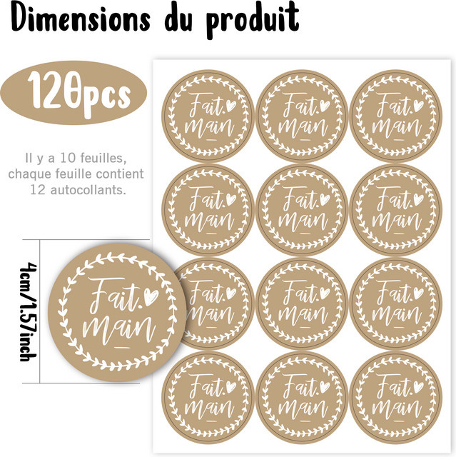 120 Stück Fait Main Etikettenaufkleber im französischen minimalistischen Stil, runde Siegelaufkleber aus Papier, Durchmesser: 4 cm - Bild 1