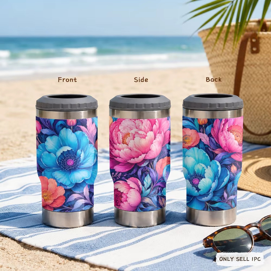 GuluBoo 4-in-1 Isolierte Vakuumflasche aus Edelstahl mit blauem bunten Blumenmuster - Bild 2