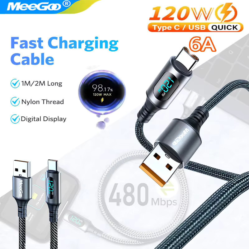 MeeGoo USB A auf Typ C Ladekabel mit 120W und LED-Digitalanzeige, 6A Superschnelles Nylon-Ladekabel für Xiaomi Redmi POCO und Samsung - Bild 4