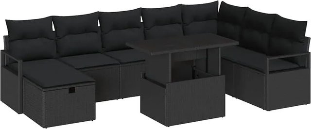 vidaXL Garten-Sofa-Set aus Polyrattan in Schwarz, 9-teiliges L-Shape Lounge-Set mit Kissen, Couchtisch und Ottomane für Garten und Terrasse - Bild 1