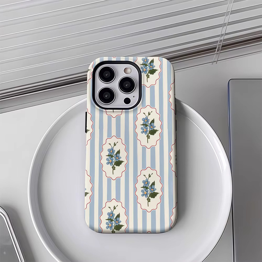 Handyhülle mit blau-weißen Streifen und blauem Blumenmuster für Apple iPhone 17 16 15 14 13 12 Pro Max Plus mit doppellagiger Rückseite in Blau und Weiß - Bild 3
