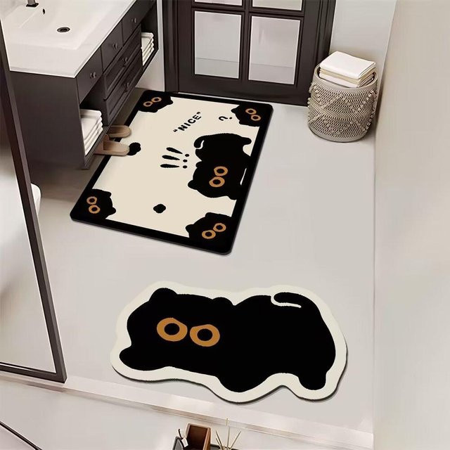 Zweiteiliges Cartoon-Kätzchen Badezimmer-Set aus Polyester, schnelltrocknend und rutschfest, Farbe: Weiß, B/T: 40 x 60 cm, Dicke: 2,5 mm - Bild 1