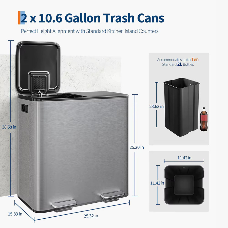 HiMISS Dual Compartment Küchenmülleimer aus Edelstahl in Silber und Grau, 80L mit 2 x 40L Trennsystem, Soft-Close Deckel und herausnehmbaren Inneneimern, Fingerabdruckresistent - Bild 2