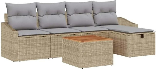 vidaXL Garten-Sofa-Set aus Polyrattan in Beige, 6-teiliges L-Shape Lounge-Set mit Kissen und integriertem Stauraum - Bild 1