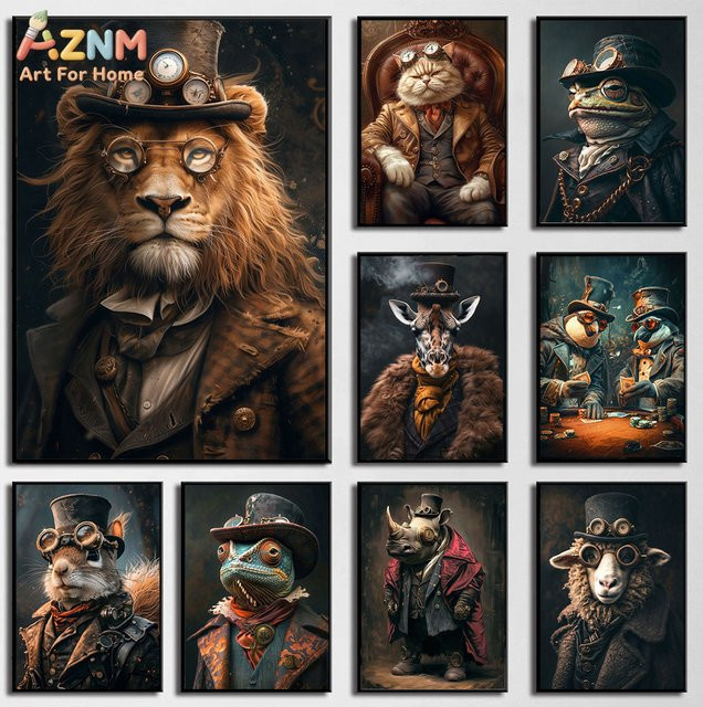 Kayou Steampunk Tierporträt Leinwanddruck Retro Wandkunst Bild in Mehrfarbig - Bild 1