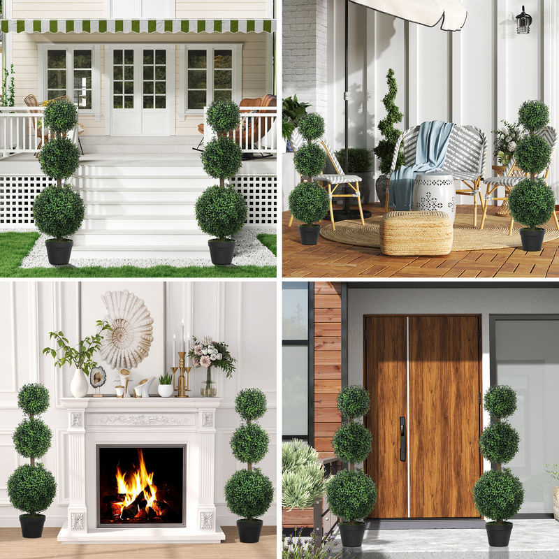 HOMCOM 2er-Set künstliche Buxus-Topiary-Pflanzen in Grün, 101,6 cm Höhe, kugelförmige Kunstpflanzen mit Kunststofftopf und Zementboden für Innen- und Außendekoration - Bild 2