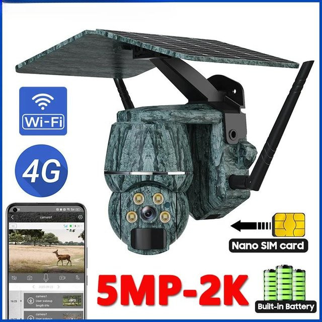 5MP 4G Solar Outdoor Kamera mit 2K Auflösung, WLAN, PTZ und PIR Bewegungssensor für Mensch und Tier, IP-zertifiziert wasserdicht mit Nachtsicht, Wildkamera mit 128GB Speicherunterstützung - Bild 1