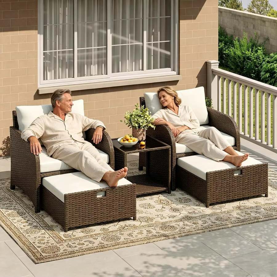 HiMISS 5-teiliges Polyrattan Gartenmöbel-Set in Braun mit 2 Sesseln, 2 Ottomanen und Couchtisch aus Glas, wetterfestes Outdoor-Lounge-Set mit Polsterkissen - Bild 3