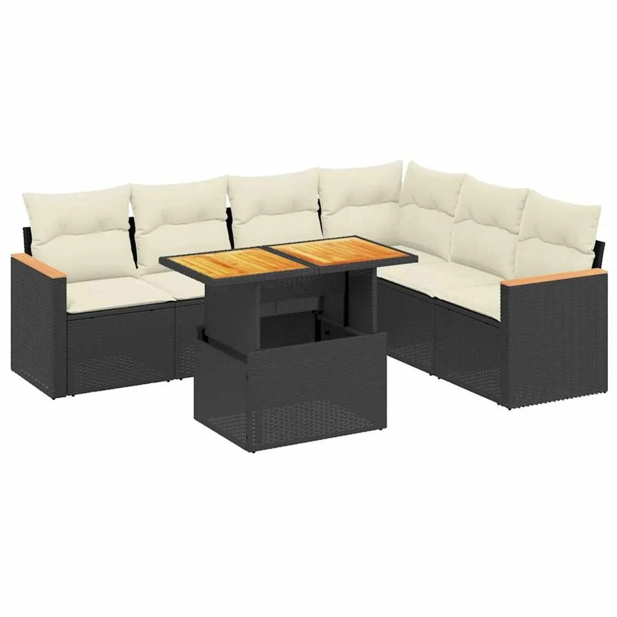 vidaXL 7-teilige Garten-Sofagarnitur in L-Form aus schwarzem Poly-Rattan mit Kissen und Akazienholz - Bild 2