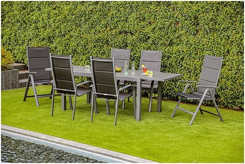 Greemotion Gartenmöbel-Set Grenada 3, 7-teilig mit Ausziehtisch und Klappstühlen in Anthrazit mit Textilene und Glas-Keramik-Tischplatte für 6 Personen - Bild 1