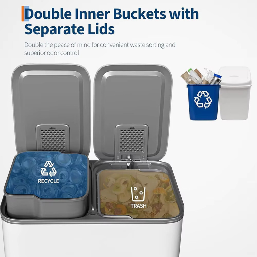 HiMISS Dual Compartment Küchenmülleimer aus Edelstahl in Silber und Grau, 80L mit 2 x 40L Trennsystem, Soft-Close Deckel und herausnehmbaren Inneneimern, Fingerabdruckresistent - Bild 3