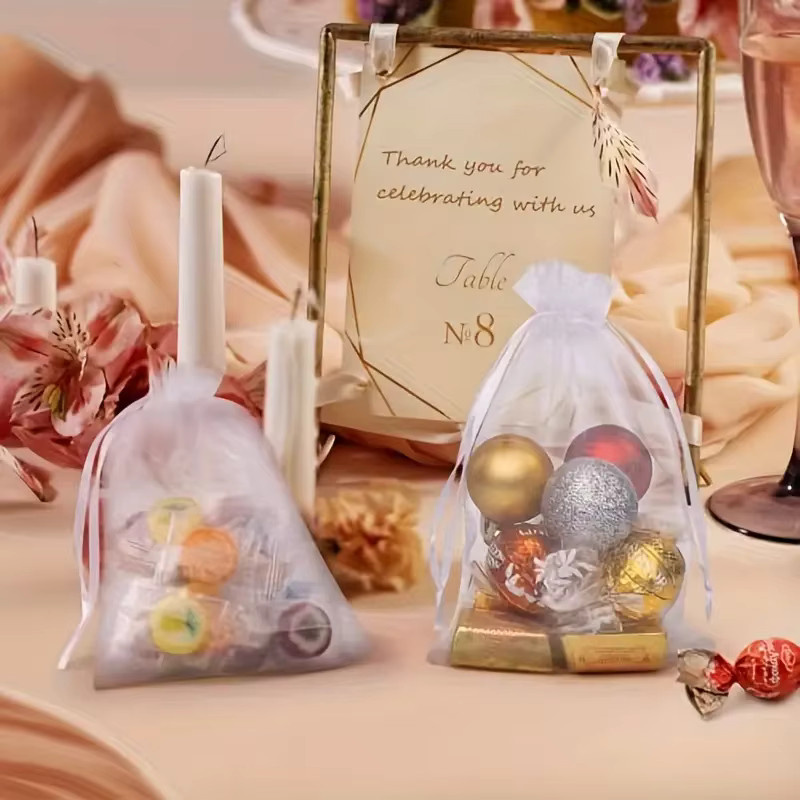 100 Stück weiße transparente Organza-Schmuckbeutel mit Kordelzug für Hochzeiten, Partys und Geschenke - Bild 3