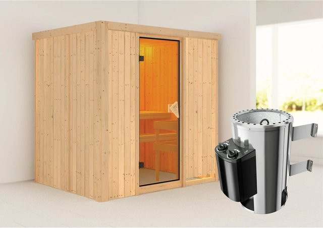 Karibu Sauna Finja aus Fichtenholz mit 3,6 kW Ofen, integrierter Steuerung und Ganzglastür in Bronze, B/T: 196 x 151 cm - Bild 1