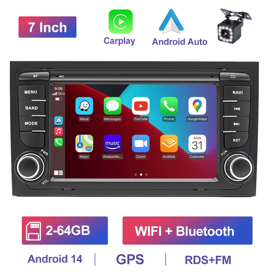 GEARELEC Android 14 Autoradio für Audi A4 2000-2008 mit 7 Zoll Display, kabelloses CarPlay, Android Auto, GPS und Bluetooth in Schwarz - Bild 7