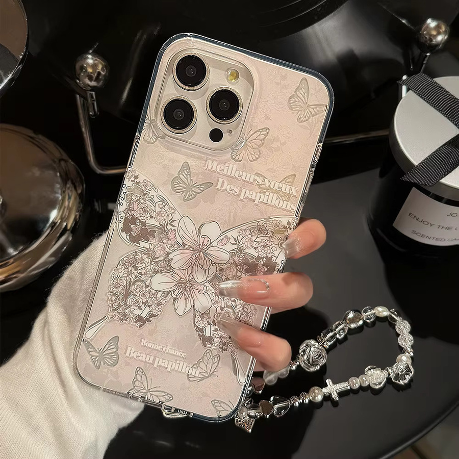 MUQGEW Handyhülle mit Koreanischem Blumen- und Schmetterlingsdesign sowie Armbandkette für iPhone 15 16 14 13 12 Pro Max, stoßfeste Dual Layer Schutzhülle - Bild 2