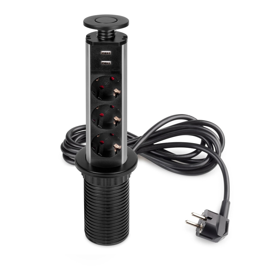 Emuca Abnehmbarer Multistecker Vertikal mit 3 Schuko-Steckdosen und 2 USB Typ A in Schwarz Metallic aus Kunststoff und Aluminium - Bild 2