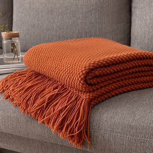Inyahome Strickdecke mit Quasten im Vintage-Stil, Orange und Grau, B/B/H: 172 x 127 cm - Bild 1