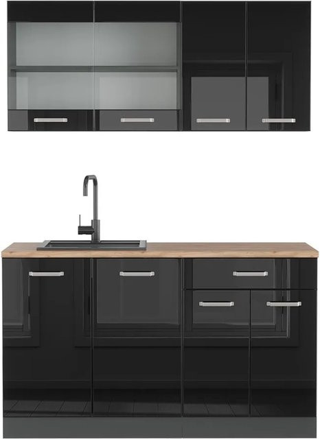 Vicco R-Line Singleküche Schwarz Hochglanz und Anthrazit mit Eiche, Breite: 140 cm - Bild 1