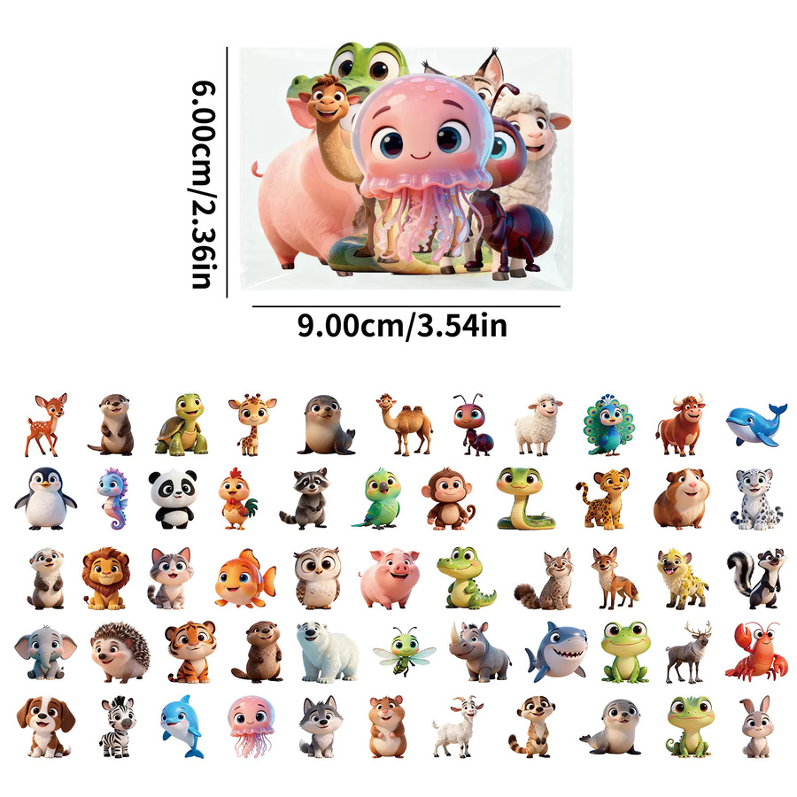 56 oder 112 Stück wasserdichte Cartoon-Tier Aufkleber aus transparentem PET für Schreibwaren, Flaschen und Fahrzeuge in Multicolor - Bild 3