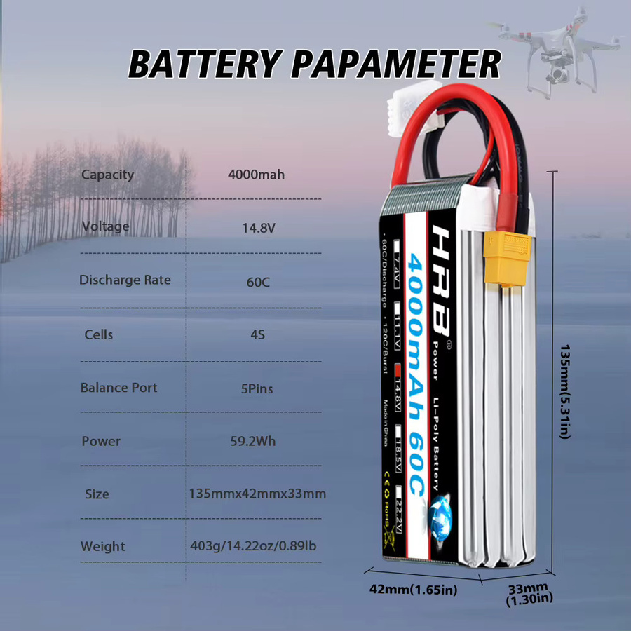 HRB 4S LiPo Akku 14,8 V 4000 mAh 60C mit XT60 Stecker für RC Auto Lkw Flugzeug Drohne und Boot - Bild 2