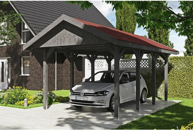 Skan Holz Carport Wallgau Satteldach aus Nadelholz in Grau mit Dachschindeln B/T: 380 x 600 cm, Höhe: 313 cm - Bild 1