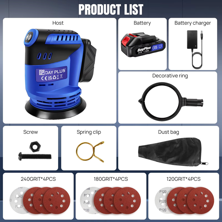 21V Akku-Exzenterschleifer in Blau mit 190W Leistung, 3-stufig einstellbar und 11000 OPM max., inklusive Staubbeutel und 12 Schleifpapierblättern für Holz, Metall und Farbe - Bild 4