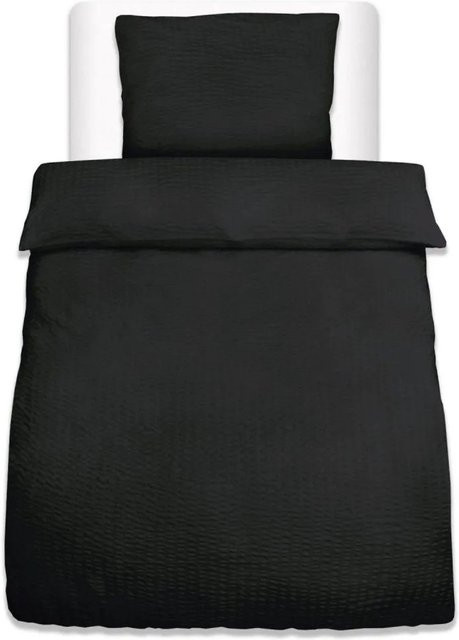 Beautissu 2-teiliges Seersucker Bettwäsche-Set aus Microfaser in Schwarz, Bettbezug B: 155 cm, H: 220 cm und Kissenbezug B: 80 cm, H: 80 cm - Bild 1