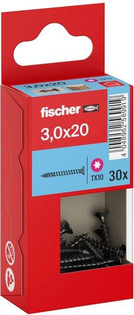 Fischer PowerFast II Senkkopf Schraube mit Torx-Antrieb und Vollgewinde, Farbe: Schwarz, Durchmesser: 3 mm, Länge: 20 mm, 30 Stück - Bild 1