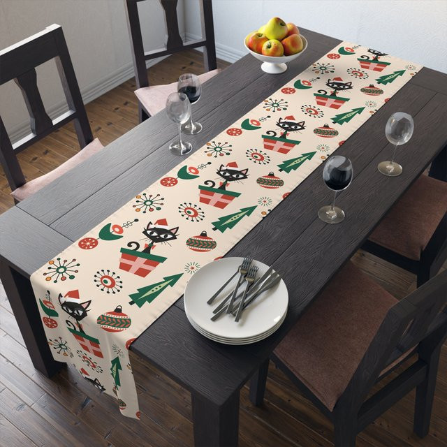 JIT Weihnachts-Tischläufer Mid Century Modern Atomic Kitschy Cat mit Retro-Stern- und Kugelmuster - Bild 1