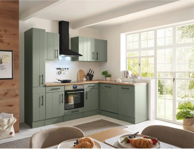 Respekta Winkelküche Anton in Landhausdesign, Schilfgrün matt, 250 cm mit Einbau-Herd-Set und Soft-Close-Türen - Bild 1