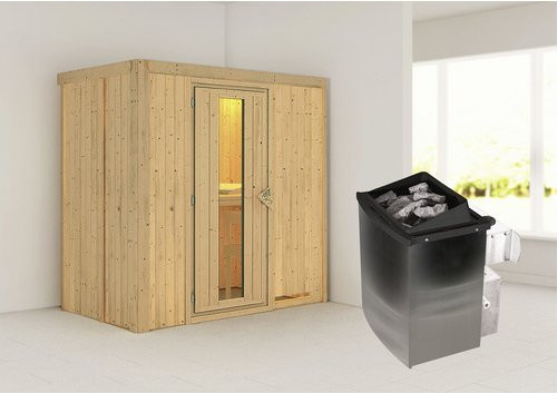 Karibu Sauna Pärnu aus Fichtenholz mit 9 kW Saunaofen und integrierter Steuerung für 2 Personen, beige - Bild 1