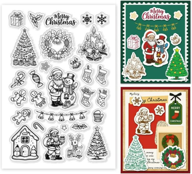 Wiederverwendbare transparente Gummistempel mit Weihnachts-Motiven wie Schneemann, Weihnachtsbaum und Elchkerzen in Transparent - Bild 1