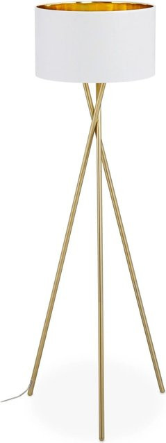 Relaxdays Dreibein Stehlampe aus Metall und Leinen in Weiß und Gold mit Fußschalter - Bild 1