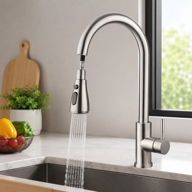 Oraymin Edelstahl-Küchenarmatur in Silber mit Ausziehbrause, 3 Sprühmodi und 360° schwenkbarem Hochbogen-Mischhahn - Bild 1