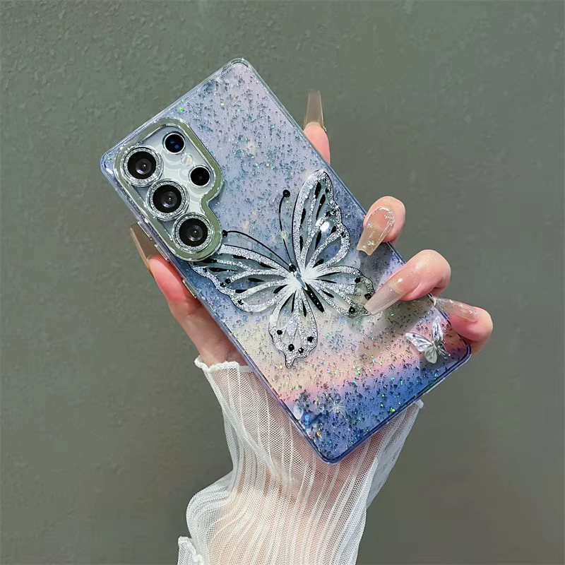 Stoßfeste Handyhülle mit Ölgemälde-Blumen-Schmetterlings-Druck und Glitzer-Effekt für Samsung Galaxy S26 S25 S24 S23 Ultra Plus, Mehrfarbig - Bild 2