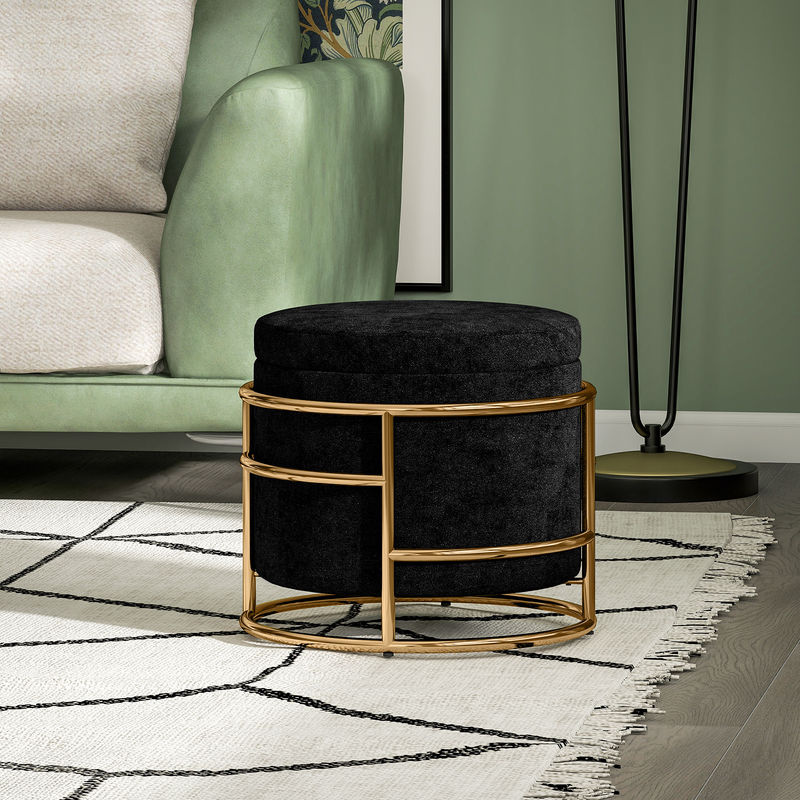 HOMCOM Sitzhocker mit Stauraum aus Samt in Schwarz mit Gold, runder Polsterhocker mit Deckel und Metallrahmen, B/T/H: 42 x 42 x 39 cm - Bild 2