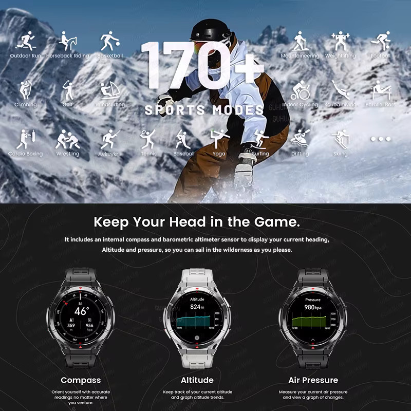 GUHUAVMI Outdoor Smartwatch für Männer mit integriertem GPS, 1,43 Zoll AMOLED Display, Kompass und Bluetooth Anruffunktion, 3ATM Wasserdicht, Schwarz/Silber - Bild 5