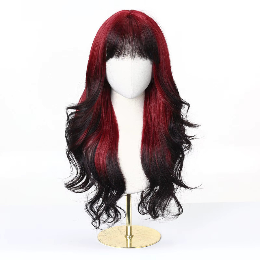 TINY LANA Perücke, Blutrot Schwarz Ombre, Lange gewellte Synthetik-Perücke mit Pony - Bild 2