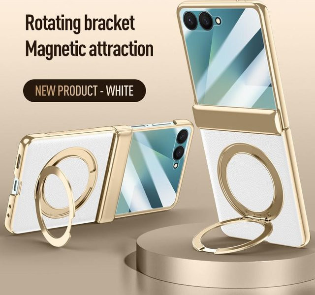 Samsung Galaxy Z Flip7 Hülle aus PU-Leder mit Federgelenk, Magnet-Halter und Glasschutzfolie in Weiß - Bild 1