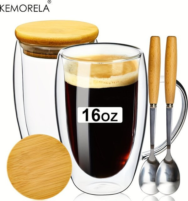 2er-Set KEMORELA Doppelwand-Gläser transparent mit Holzdeckel und Löffel, Kaffeebecher für Cappuccino und Espresso, 350 ml und 450 ml - Bild 1