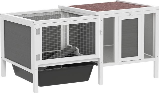 PawHut Hasenstall aus Tannenholz mit Freilaufgehege und Rampe, Grau, B/T/H: 105 x 57,5 x 51,5 cm - Bild 1
