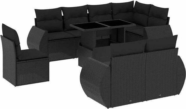 vidaXL 9-tlg. Garten-Sofagarnitur in L-Form aus schwarzem Poly-Rattan mit Kissen und pulverbeschichtetem Stahlgestell - Bild 1
