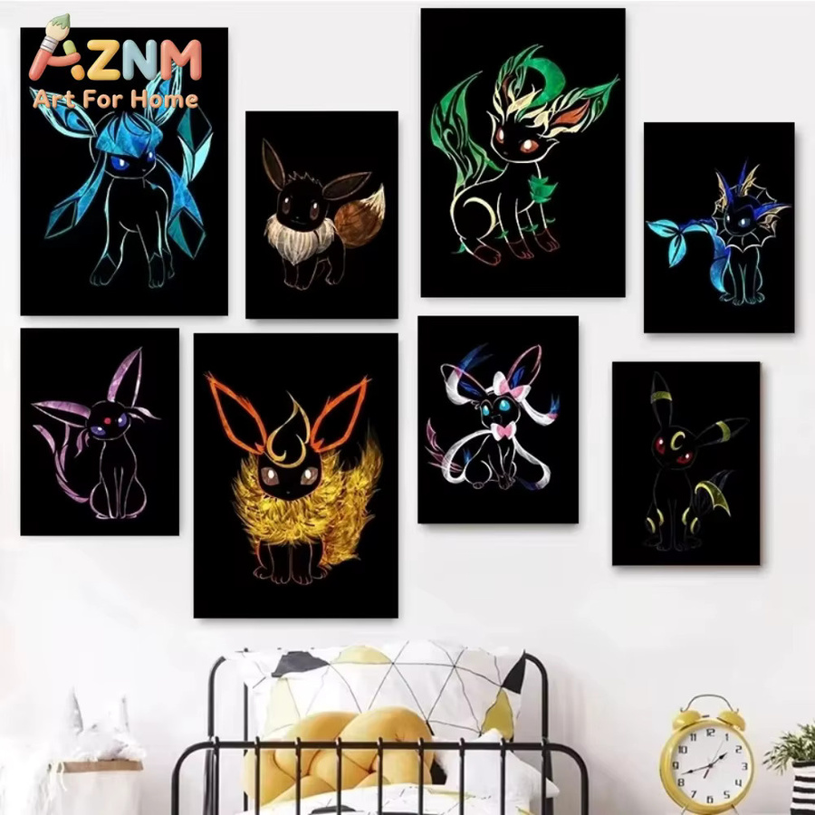Abstraktes Pokemon Eeveelutions Leinwandgemälde von KAYOU mit Eevee, Umbreon und Leafeon in Mehrfarbig als moderne Anime-Wandkunst zur Dekoration deines Wohnzimmers - Bild 2