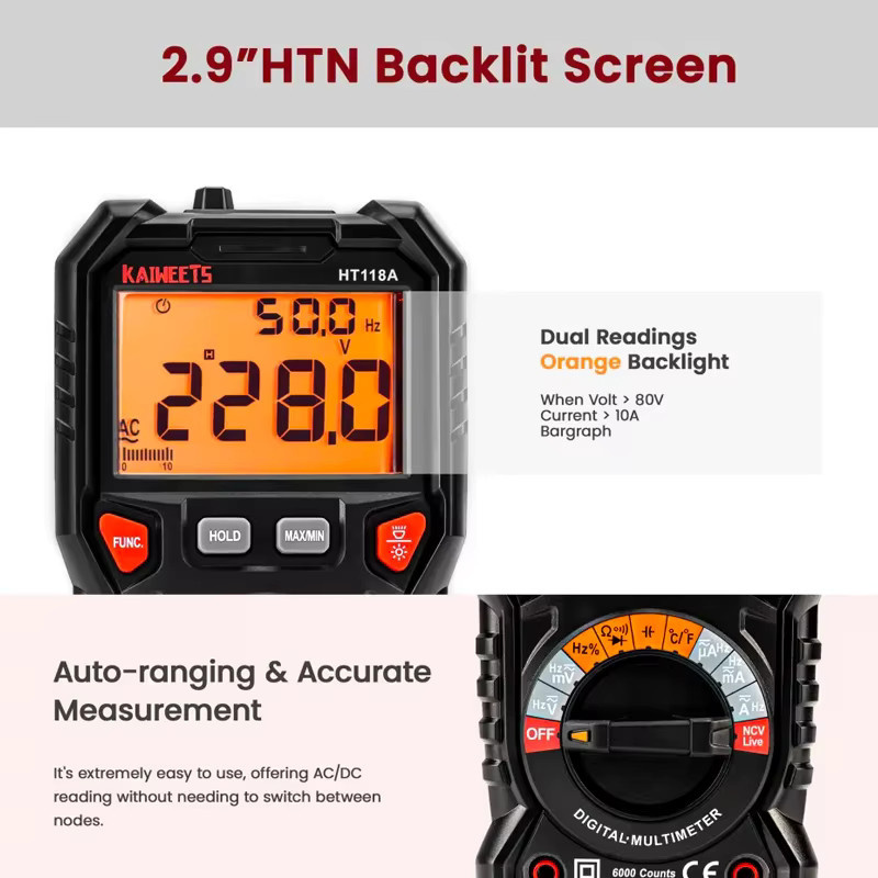KAIWEETS HT118A Digitalmultimeter True RMS mit Auto Range, AC/DC Spannung, Ohm, Hz, NCV und Temperaturmessung - Bild 3