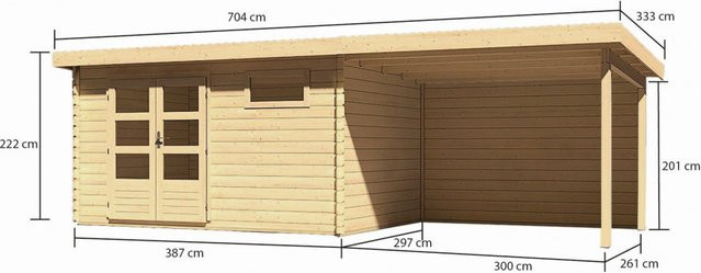 Gartenhaus Holz BASTRUP 8 Blockbohlenhaus in Naturbelassen mit Anbaudach und Rückwand B/T/H: 387 x 297 cm, Wandstärke: 28 mm - Bild 1
