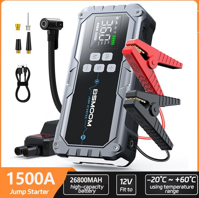 BSMOOM Auto-Starthilfe 1500A Batterie-Powerbank mit LCD-Display und 600LM LED-Licht, tragbarer 12V Notfall-Booster für Benzin- und Dieselmotoren inklusive Starthilfekabel, 26800 mAh - Bild 1