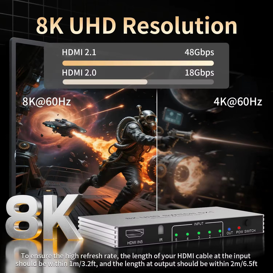 Konsenda HDMI-Switch 5 in 1 out mit Fernbedienung, 8K@60Hz und 4K@240Hz, 48 Gbit/s, unterstützt HDR10 und HDCP 2.3 - Bild 3