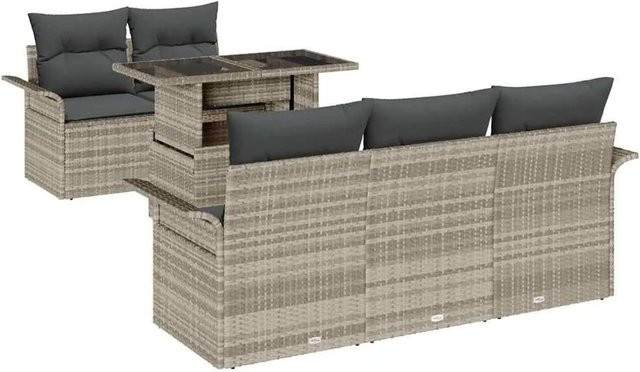 vidaXL Garten-Sofa-Set aus Polyrattan in Hellgrau, 6-teiliges Lounge-Set mit Kissen, 3-Sitzer, 2-Sitzer, Sesseln und Couchtisch mit Glasplatte - Bild 1