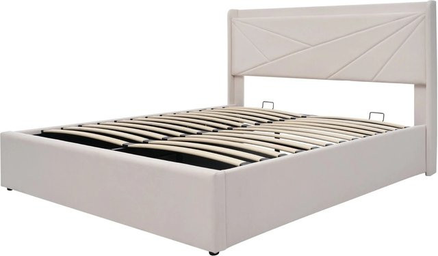 Merax Polsterbett Beige mit USB-C Ladestation und Stauraum im Kopfteil B/T/H: 140 x 200 x 107 cm - Bild 1